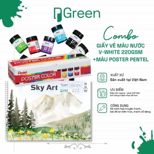 Combo Giấy Vẽ Màu Nước V-White 220gsm + Màu Poster Pentel