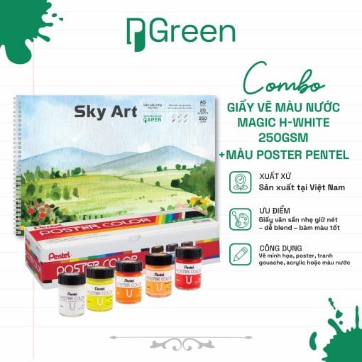 Combo Giấy Vẽ Màu Nước Magic H-White 250gsm + Màu Poster Pentel