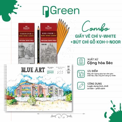 Combo Giấy Vẽ Màu Nước Green Art 280gsm + Hộp Màu Sáp Phấn Dầu / Poster